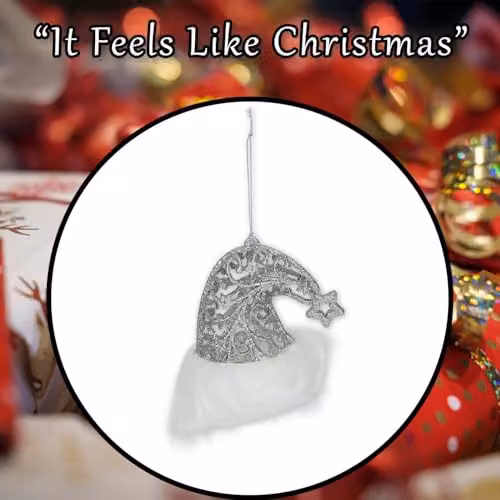 VFM e-Store Silver Glitter Santa Hat Hanging Decoration for Christmas Parties, W/H: 11 x 10 cm – 6