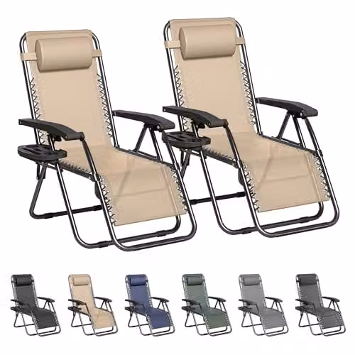 MCC Direct Set of 2 Zero Gravity Reclining Sun Loungers with Cream Textilene Fabric and Black Powder Coated Steel Frame
