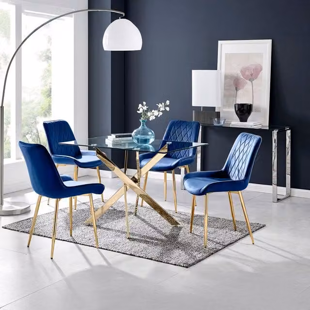 FurnitureboxUK Leonardo Dining Table with Four Pesaro Gold Leg Chairs, Navy Blue and Transparent Glass, W/D/H: 120 x 70 x 75 cm