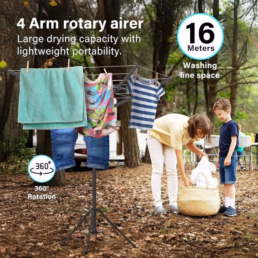 FLAVORA 4 Arm Rotary Washing Line Freestanding Portable Airer in Black – 2