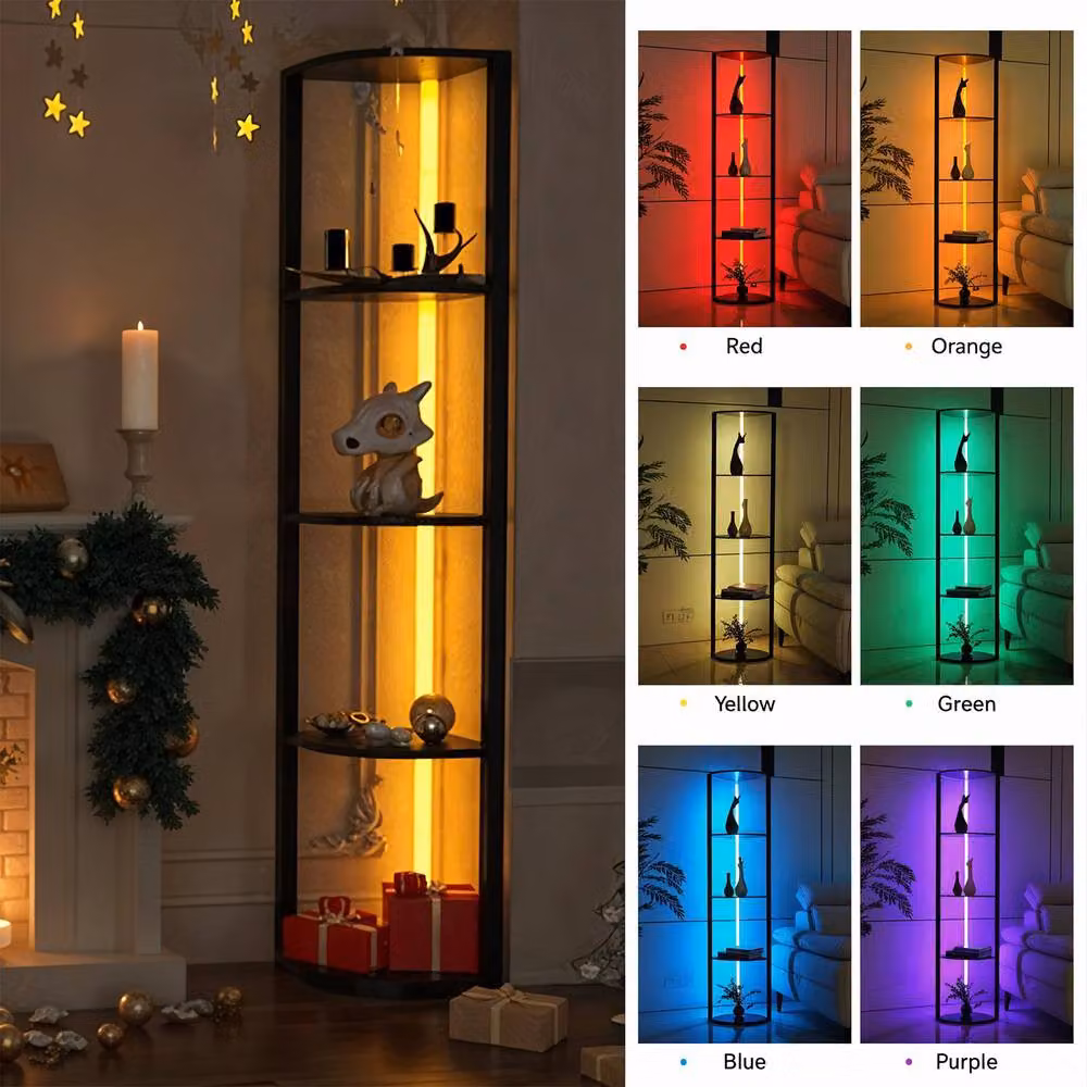 Living and Home 5-Tier Black Corner Shelf LED Floor Lamp with Wood and Metal Storage Display Rack – 3