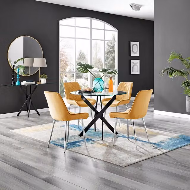 FurnitureboxUK Novara Round Glass Dining Table and 4 Pesaro Upholstered Chairs in Yellow with Silver Legs