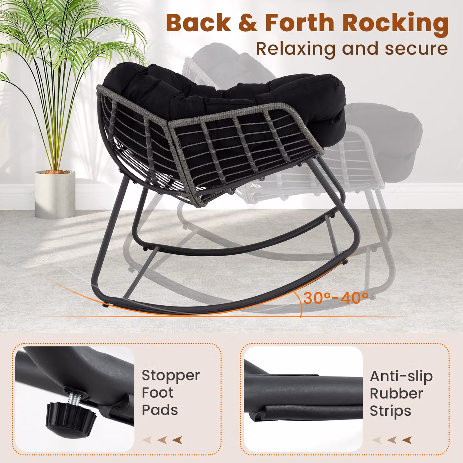 Gymax Oversized Outdoor Rocking Egg Chair with PE Wicker and Cushion in Black – 6