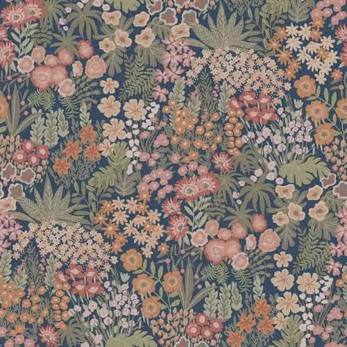 Holden Decor Everbloom Floral and Forest Themed Wallpaper in Emerald Navy Blue, Pink and Orange