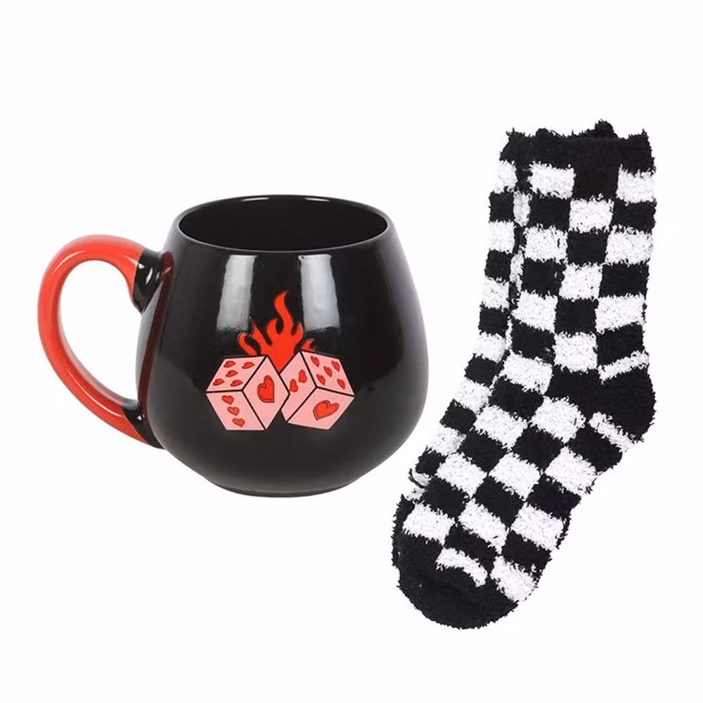 Uniqueful Black Dice Mug and Socks Set, 550ml – 2