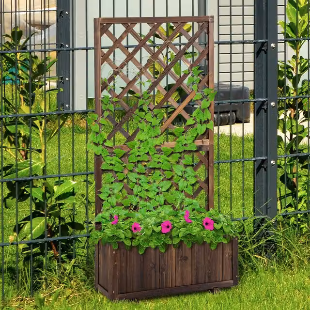 Outsunny Black and Brown Rustic Pine Flower Stand with Trough Planter – 10