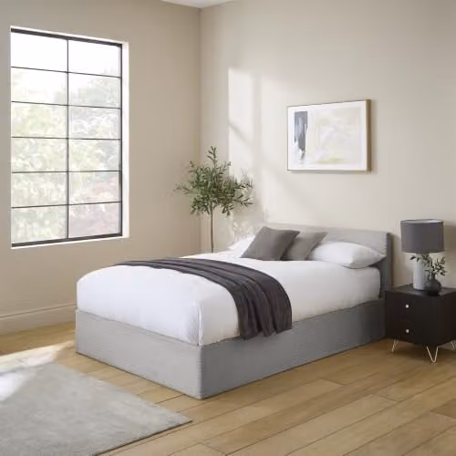 GFW Grey Corduroy Fabric Upholstered Ottoman Storage Bed with Lift Up Base, W/D/H: 140 x 200 x 71 cm