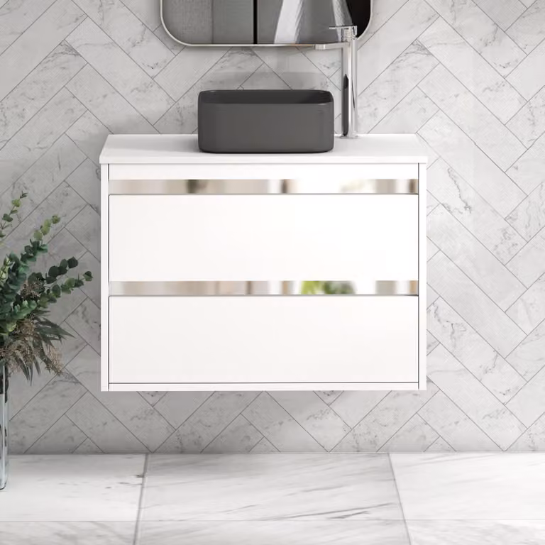 Royal Bathrooms Orion 800mm Matt White Wall Hung 2 Drawer Vanity Unit with Art Square Basin and Chrome Accent Trim