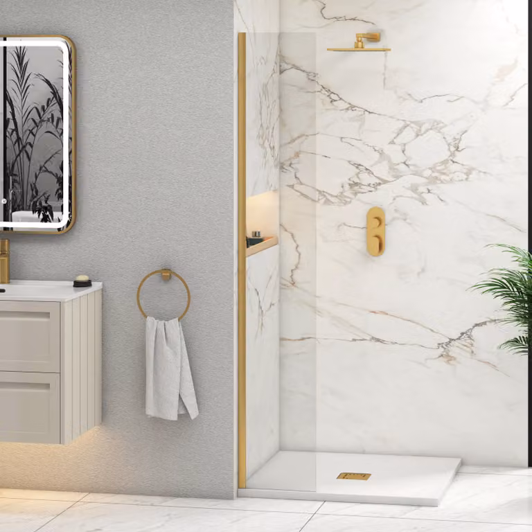 Royal Bathrooms Marbella Walk In Wet Room Shower Screen, Brushed Brass, Clear 8mm Easy Clean Glass, W: 30 cm, H: 185 cm, D: 3 cm
