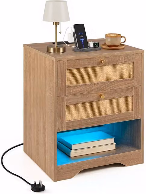 Gymax Rattan Bedside Table with Integrated LED Light Strip and Charging Station in Natural Sand and Brown – 1