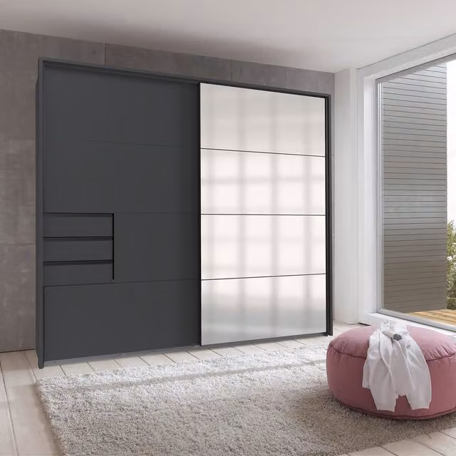 TJS Saigon Solo Sliding Wardrobe Doors in Graphite with Graphite Mirror, Width: 225 cm