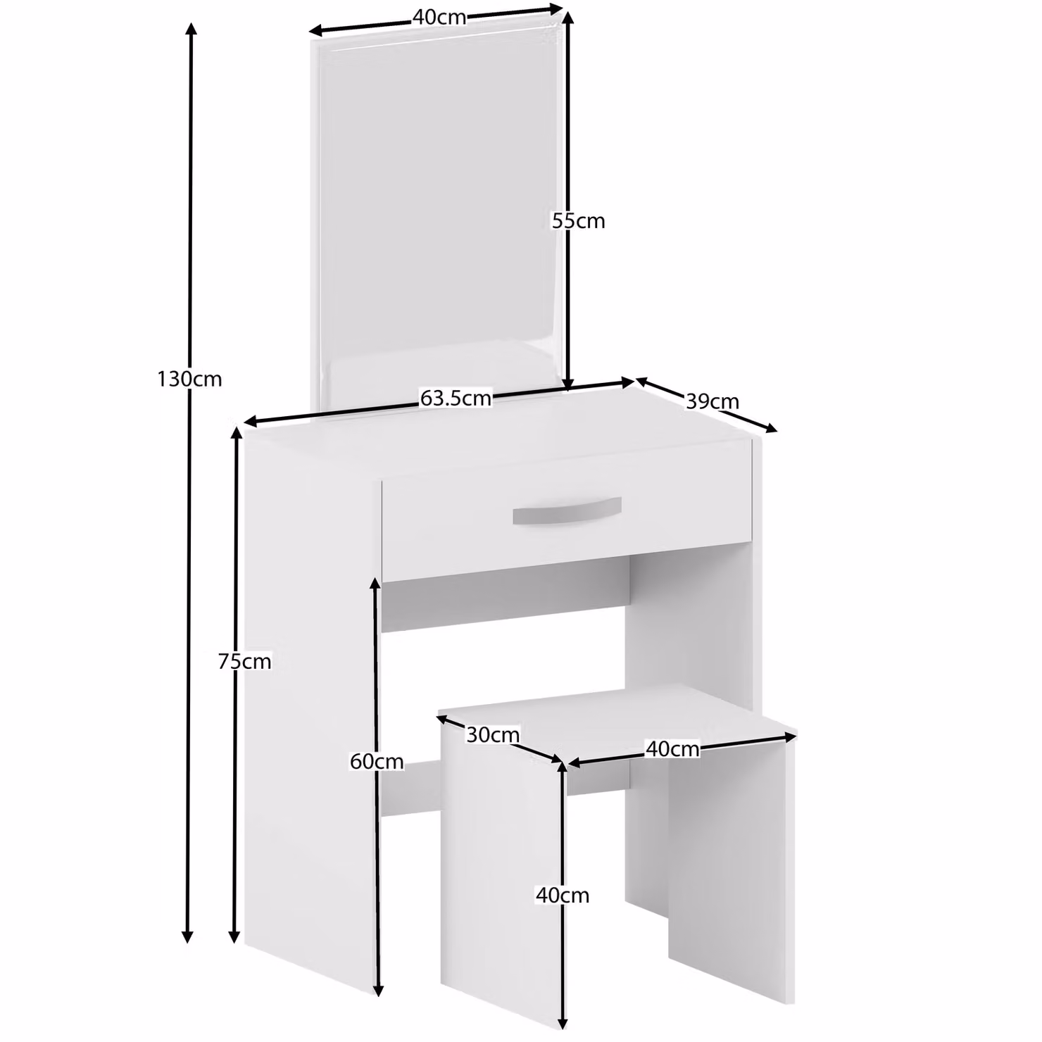 Vida Designs Isla Dressing Table Set with Built-in Mirror and Stool in White – 2