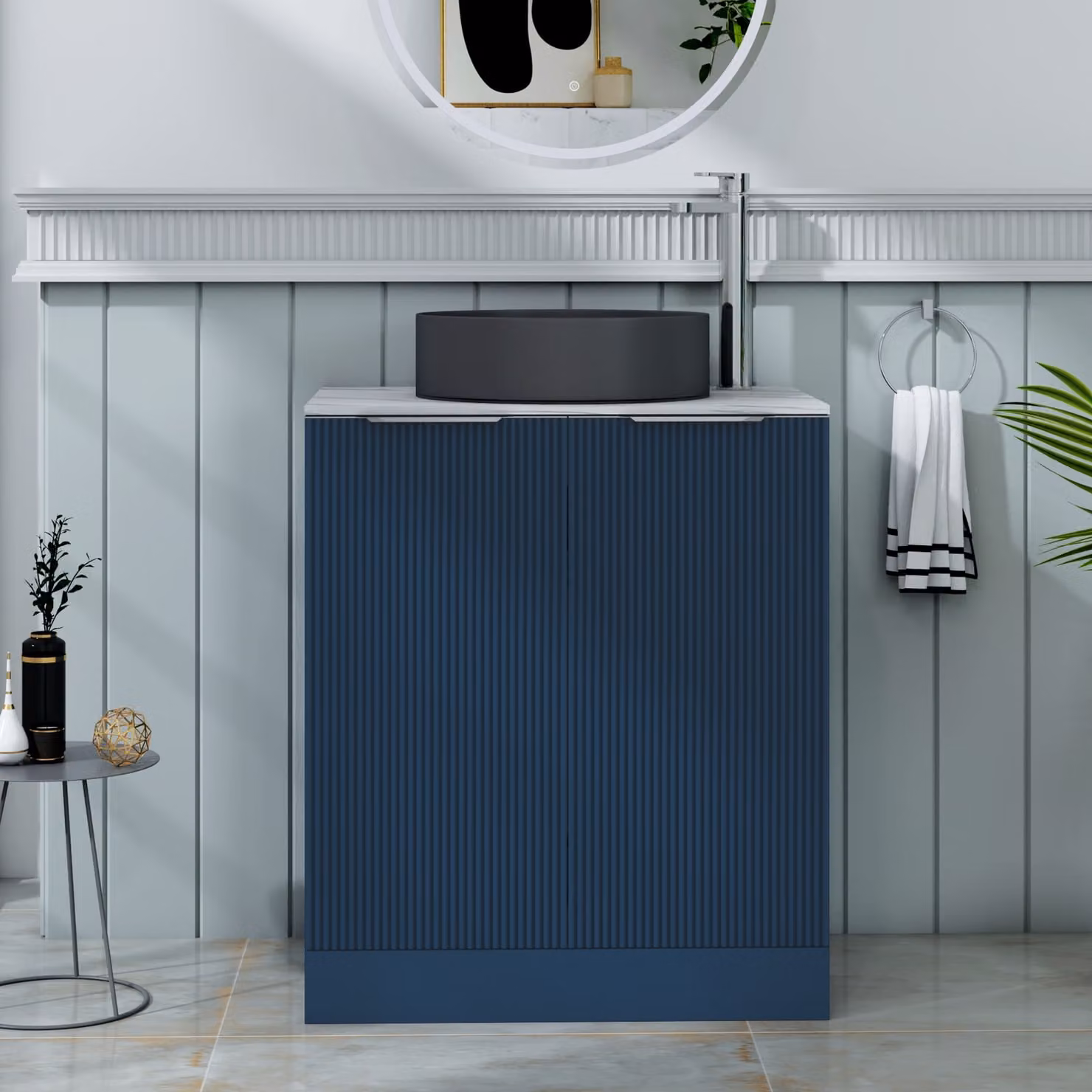 Royal Bathrooms Evora Midnight Blue Fluted Floor Standing Countertop Vanity Unit with Art Deco Round Basin and 2 Soft Close Doors