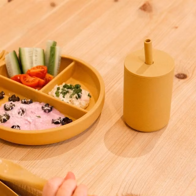 Tiny Dining 170ml Silicone Baby Training Straw Cup with Lid in Yellow