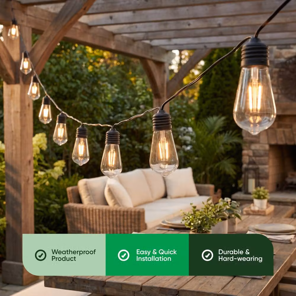 Gardenwize Solar Powered LED Filament Bulb String Lights, Warm White, Black – 2