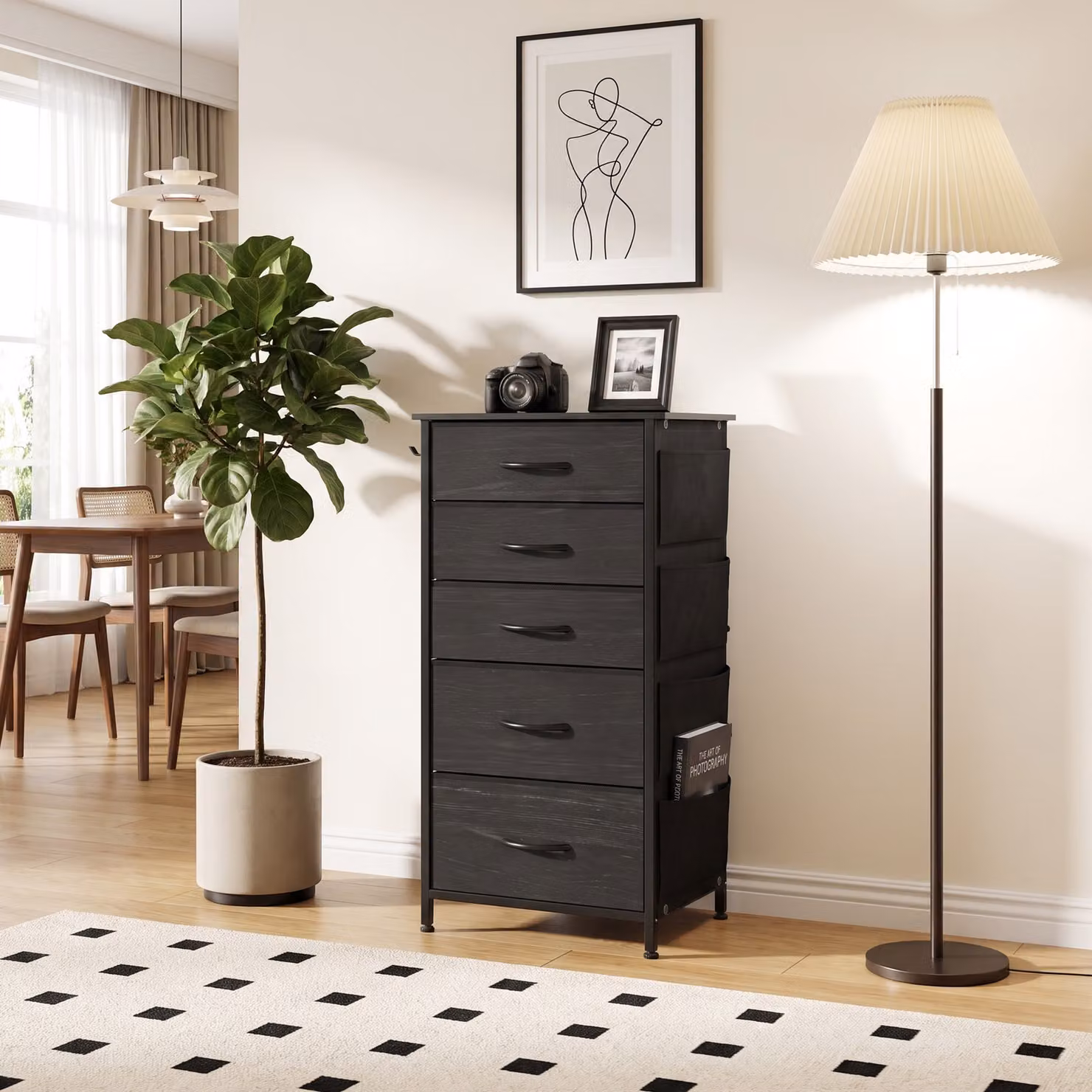 HOMCOM Modern Black Fabric Chest of Drawers with 5 Drawers and Metal Frame – 7