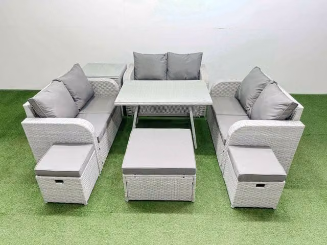 Fimous 9-Seater Patio Set with Rectangular Table, Love Sofa, Side Table and Stools in Light Grey