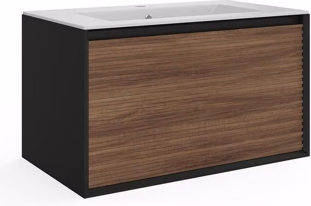 Vente-unique Grooved Floating Bathroom Vanity Unit with Inset Ceramic Basin in Dark Natural and Black, W/D/H: 80.0 x 45.8 x 45.0 cm – 1