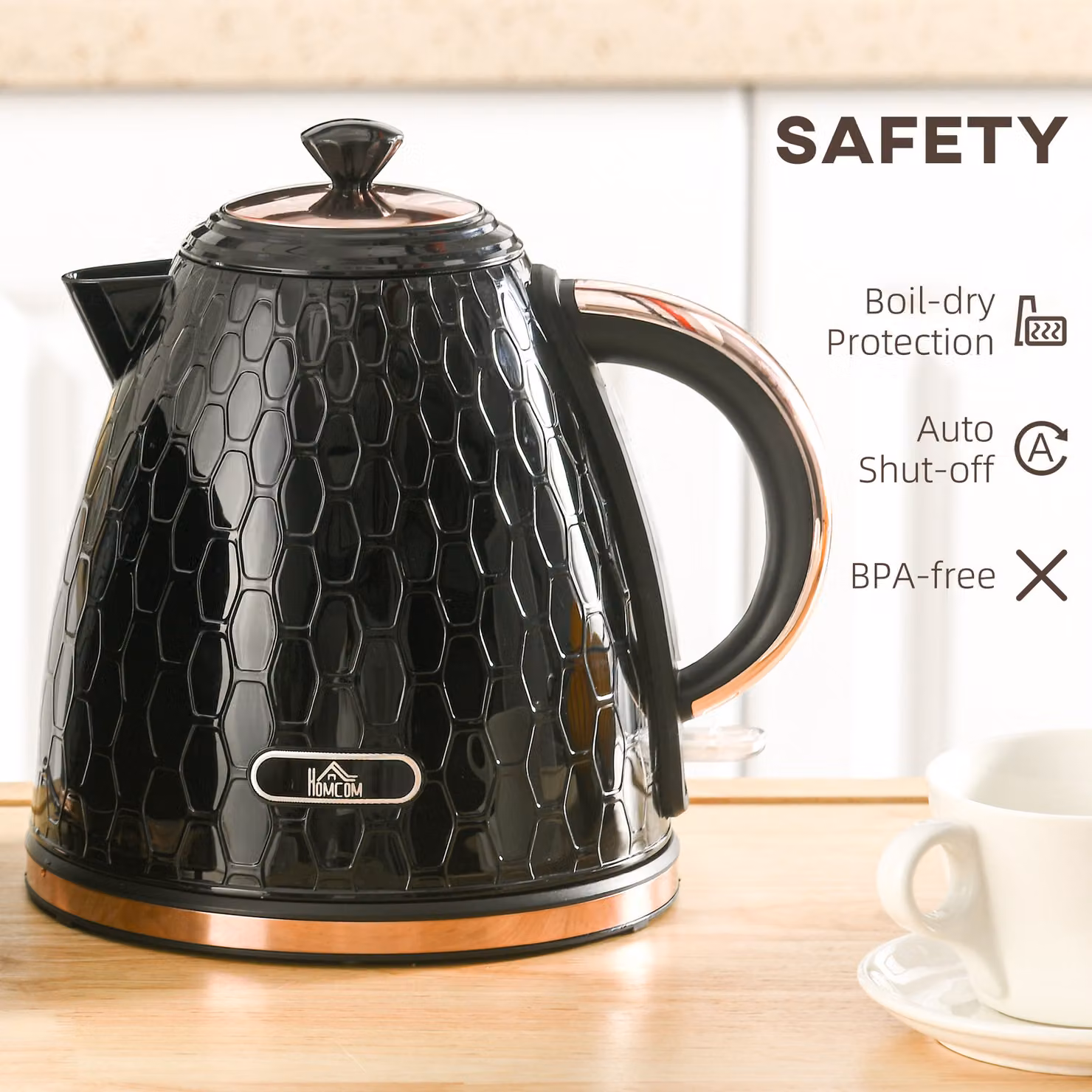 HOMCOM Electric Kettle, 1.7 l, Black, Fast Boil 3 kW with Removable Anti-scale Filter and Auto Shut-off – 6
