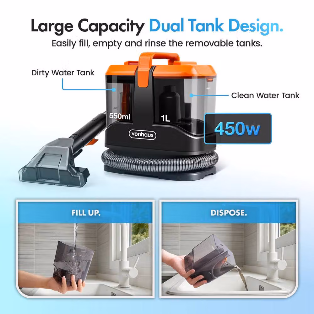 VonHaus 450W Ultra Lightweight Handheld Carpet Spot Cleaner, 2.6kg, Grey and Orange – 3