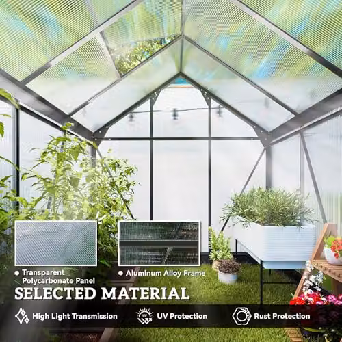 Outsunny Polycarbonate and Aluminium Walk-In Garden Greenhouse with Sliding Door and Window, Grey and Transparent, H: 190 cm – 3
