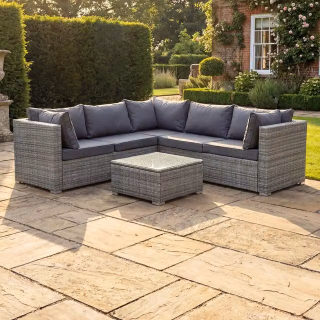 Artemis Home Oliena 5 Seat Modular Rattan L-Shaped Corner Garden Furniture, Grey, W/D/H: 202 x 72 x 67 cm