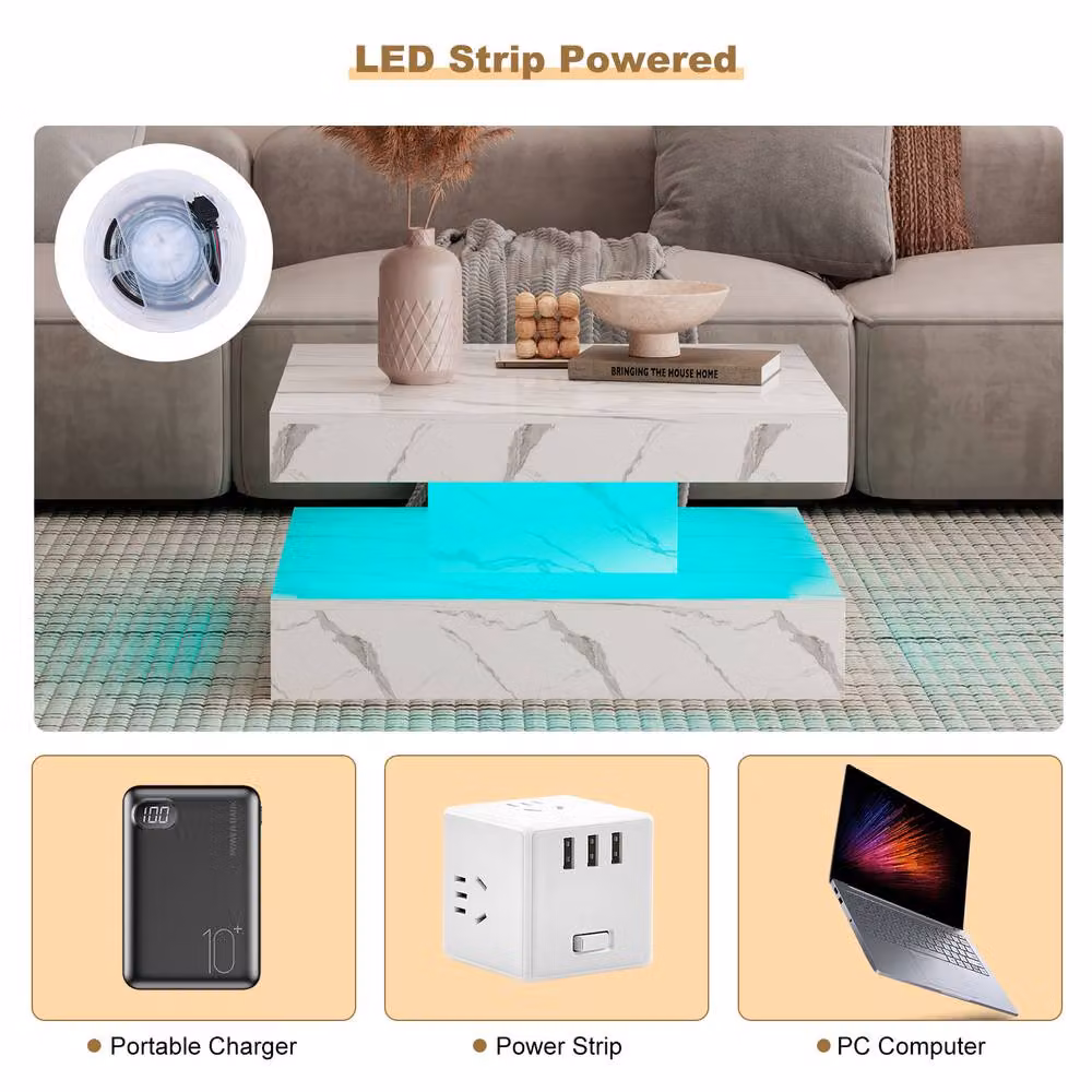 KEEPREAPER Modern Square Coffee Table with Storage and LED Light in White Marble Finish – 5