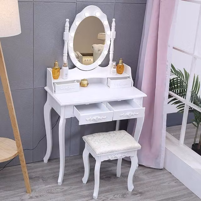 Livingandhome Hollywood LED Makeup Mirror and Dressing Table Set with Stool and 4 Drawers in White Glossy Finish