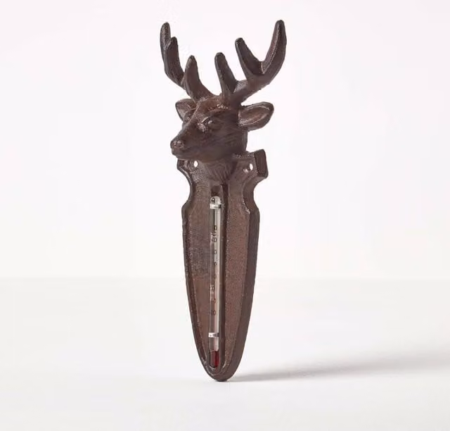 Homescapes Brown Cast Iron Stag Wall Mounted Garden Thermometer