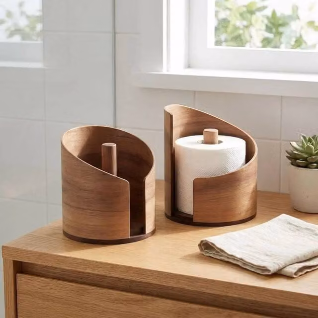 SPETLEK Brown Solid Wood Round Freestanding Paper Towel Holder and Tissue Storage Box