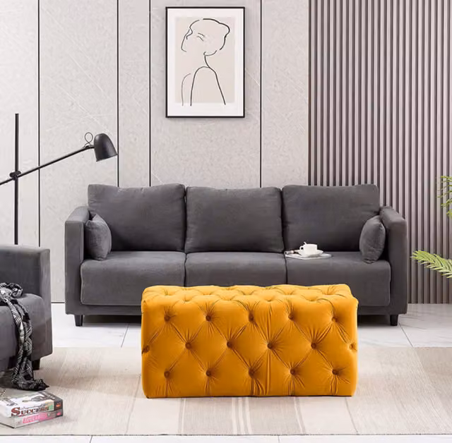 Life Interiors Melia Single Velvet Ottoman Bench in Yellow
