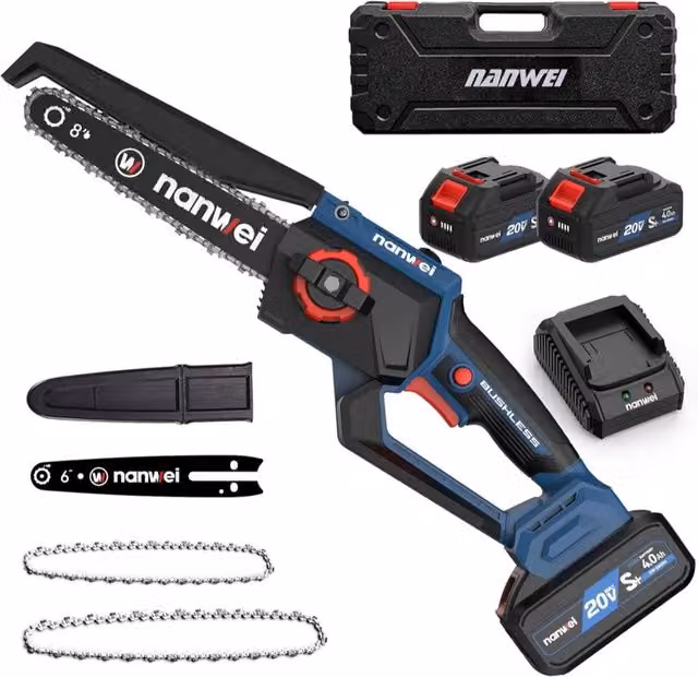 NANWEI 8 Inch Cordless Mini Chainsaw in Blue and Multicolour with 2 Batteries and 2 Chains