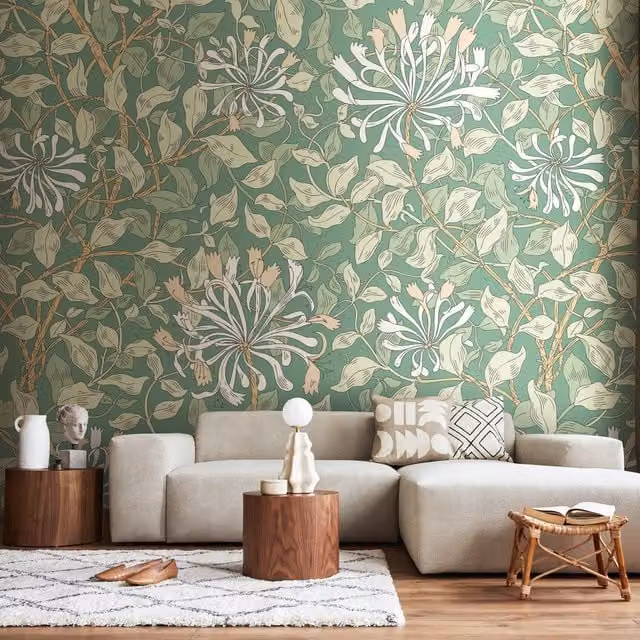 Origin Murals Honeysuckle Floral Art Nouveau Wall Mural in Soft Jade Green