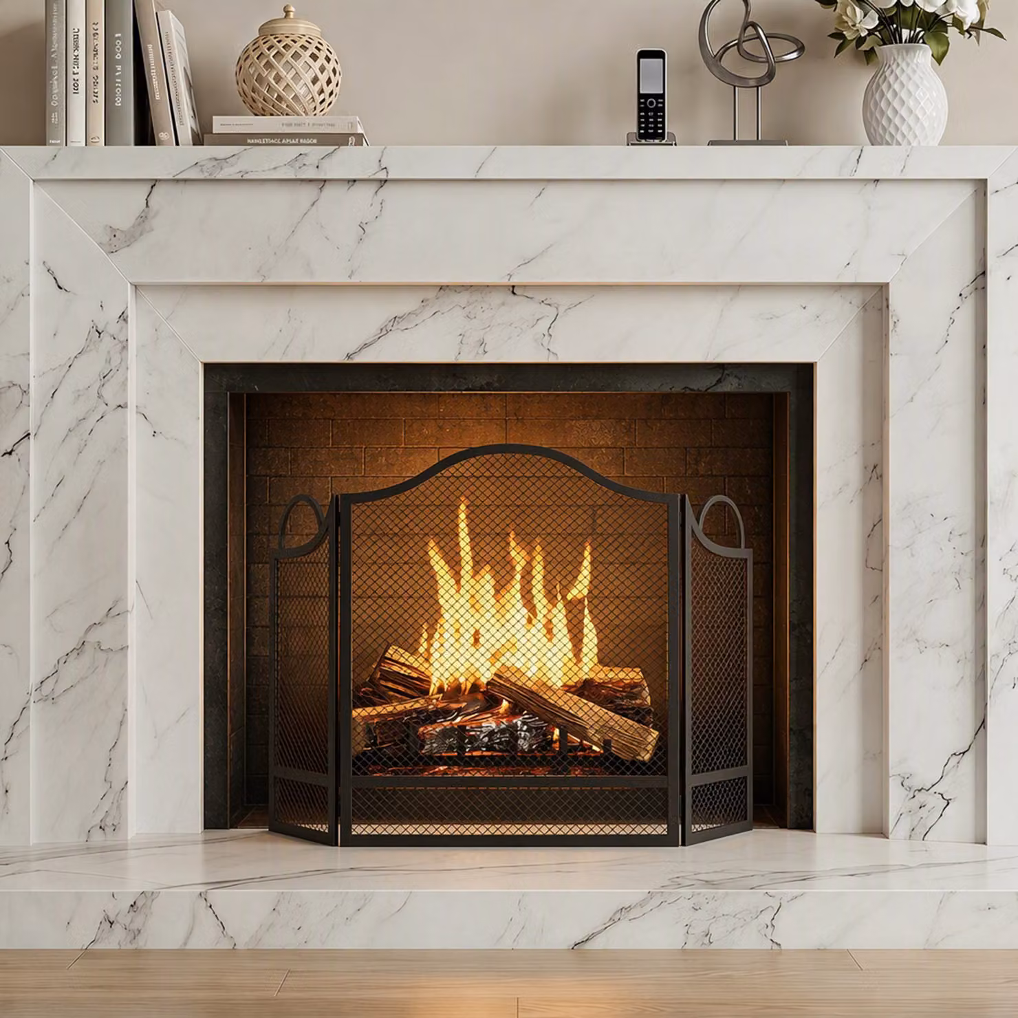 HOMCOM Floral 3-Panel Folding Fireplace Screen in Black, W/H: 122 x 74 cm – 2
