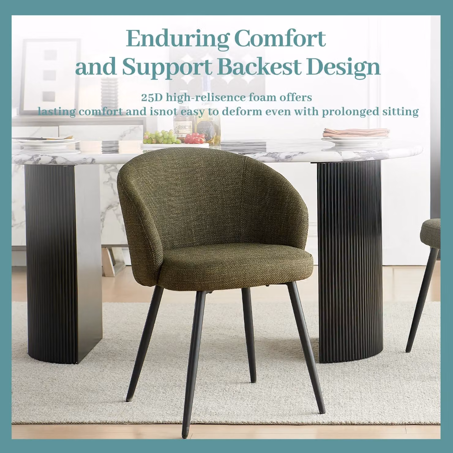 SONARA Modern Set of 2 Green Fabric Ergonomic Dining Chairs with Arms – 4