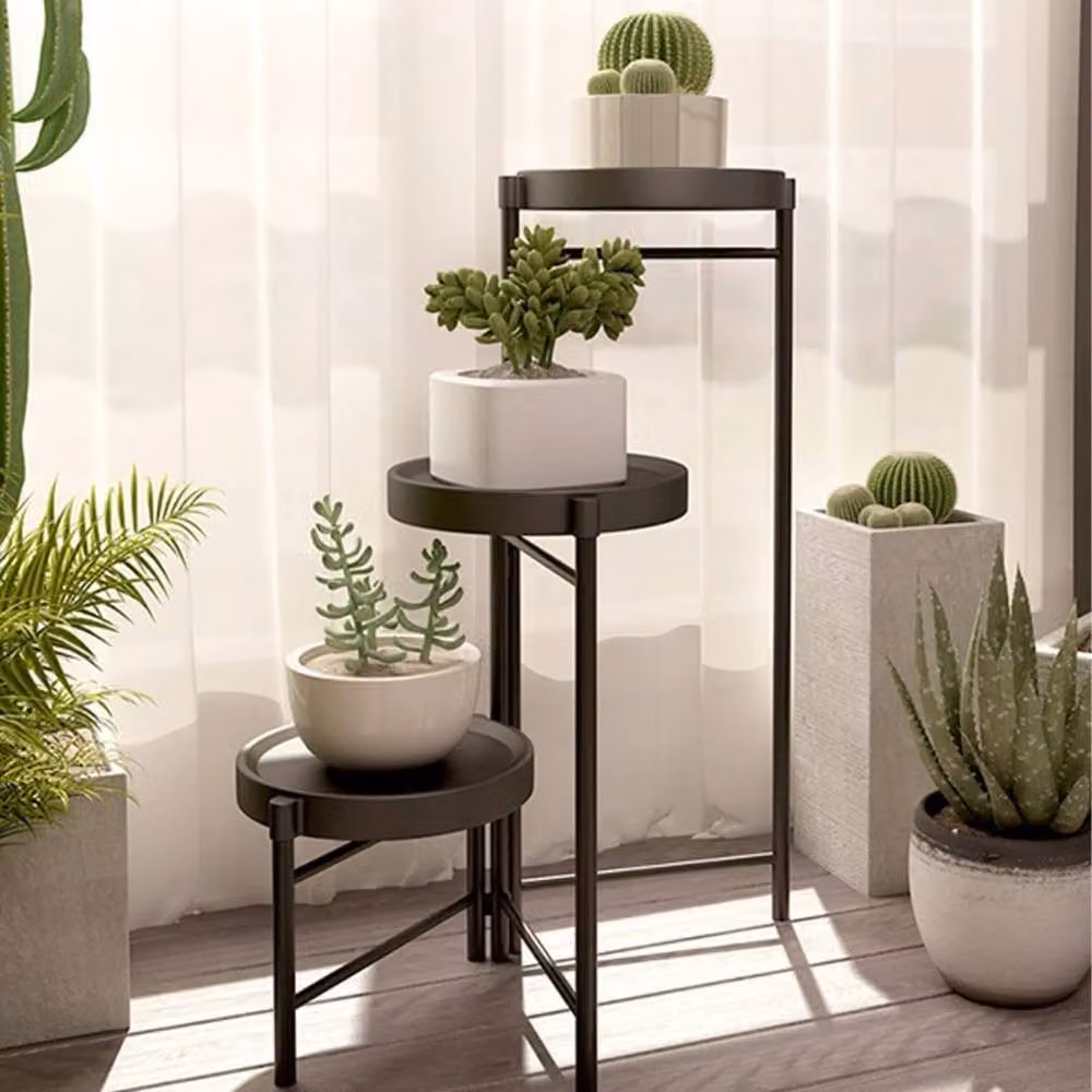 VOGREX Multi-Tier Metal Plant Shelf with 3 Rotatable Pots in Matt Black – 3