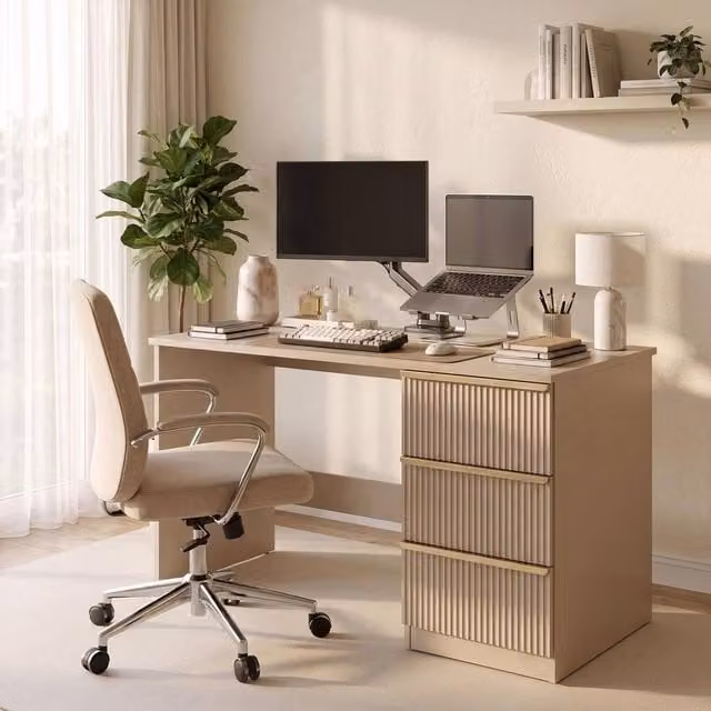 FWStyle Lania 3 Drawer Beige Dressing Table and Study Desk with Scallop Design