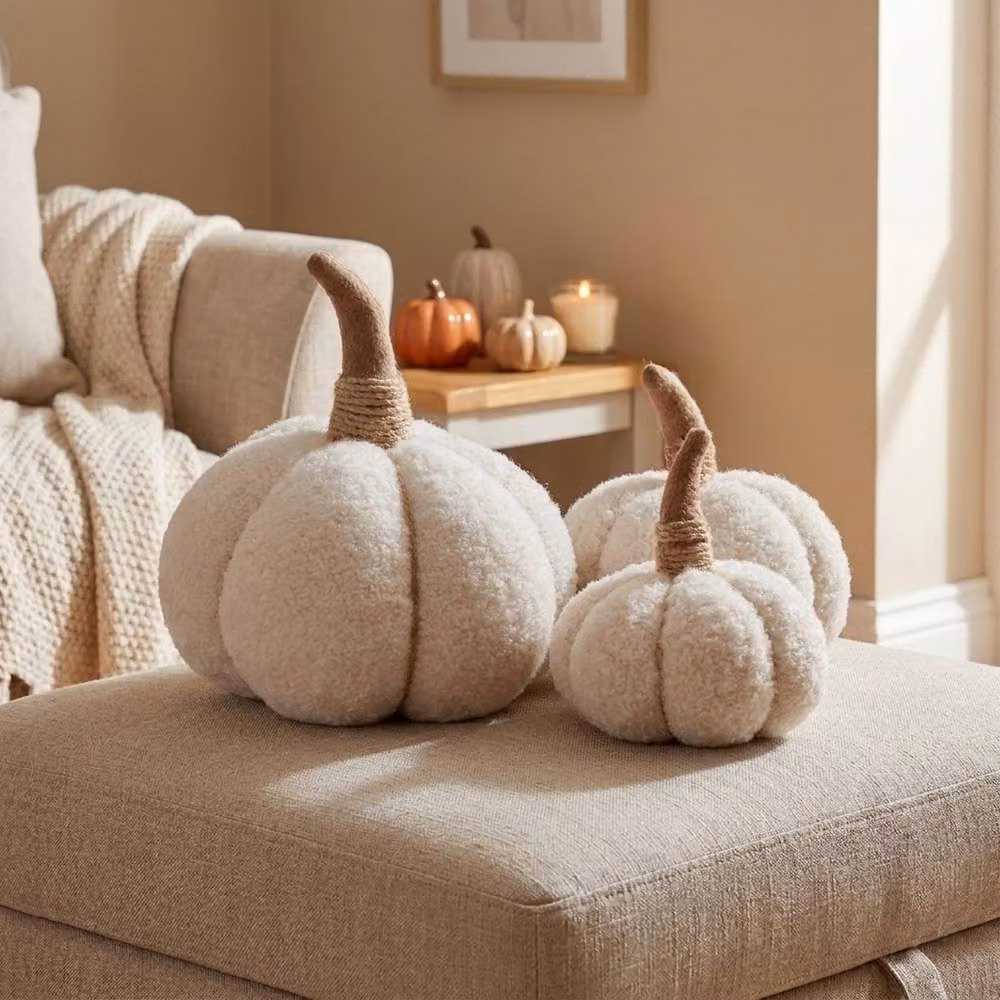 Garden Greatness XL Plush Textured Cream Pumpkin Decoration in Beige – 2