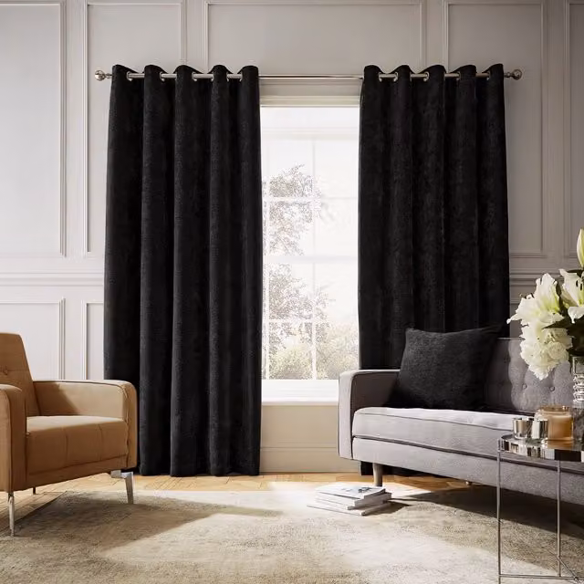 Hyperion Interiors Selene Luxury Blackout Chenille Eyelet Curtains in Black