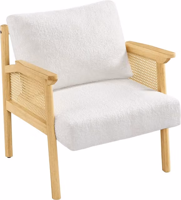 Yaheetech White Bouclé Upholstered Armchair with Rattan and Solid Wood Frame