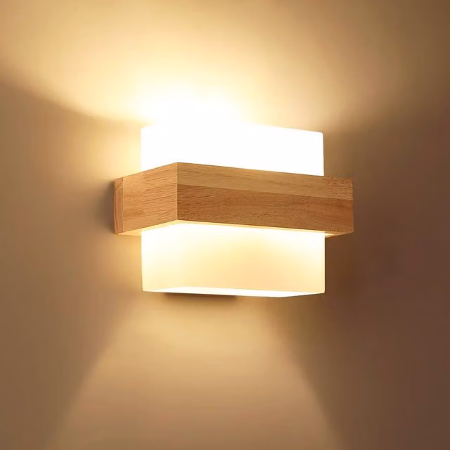 COMELY Modern Square Wooden and Glass Indoor Wall Light with E27 Socket in White and Brown – 1