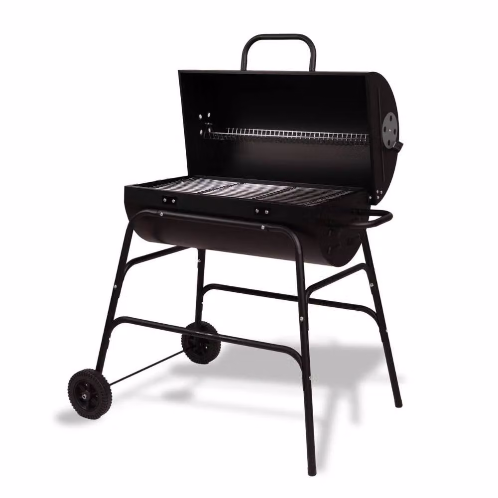 Trendi Charcoal BBQ Grill and Smoker Barrel Barbecue in Black with Warming Rack and Wheels – 7