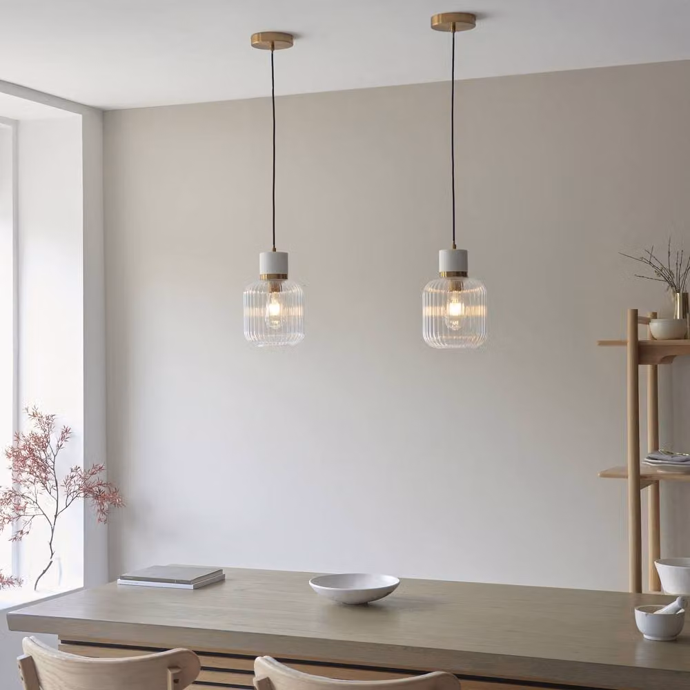Netlighting Travi Ribbed Slim Pendant Light in White and Vintage Brass with Transparent Glass and E27 Socket – 2