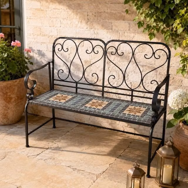 Shatchi Marrakech Mosaic 2 Seater Garden Bench with Black Metal Frame and Geometric Ceramic Tile Seat