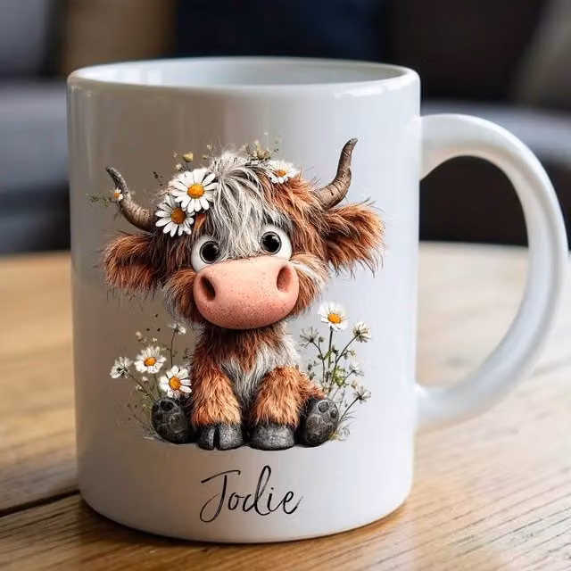 Aye Do Gifts Women's Personalised Daisy Highland Cow Mug in White