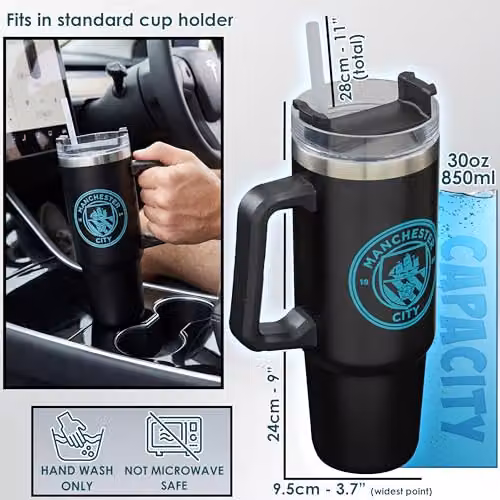 Get Trend Manchester City Insulated Stainless Steel Tumbler with Straw and Handle, 850ml, Black – 5