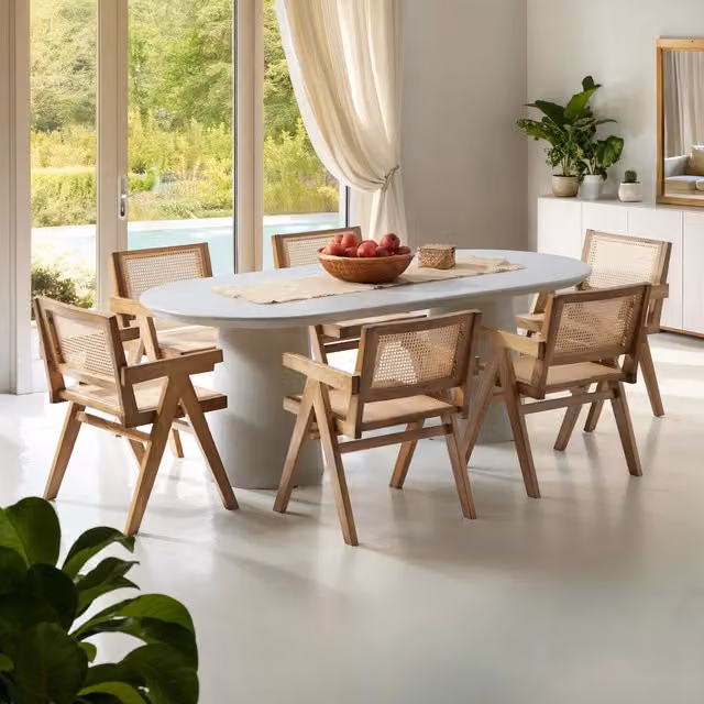 TECTAKE Mid-Century Dining Chair with Rattan Backrest and Solid Oak Wood Frame in Brown and Beige, Height: 82.5 cm