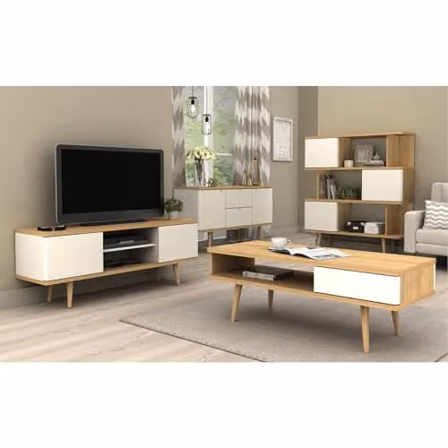 Dorel Home Furnishings Scandinavian Style TV Stand in Oak White, W/D/H: 140 x 39 x 52 cm – 2
