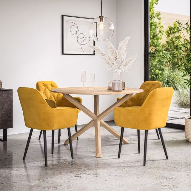 More4Homes Malvern Round Dining Table and Anika Velvet Dining Chair Set of 4 in Mustard and Oak – 1