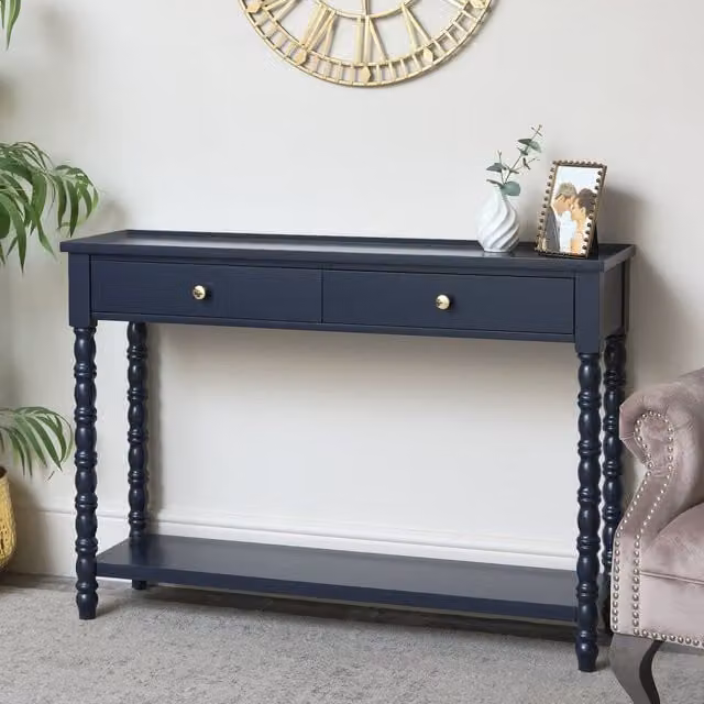 Melody Maison Navy Blue Bobble 2 Drawer Console Table with Gold Details, W: 110 cm, H: 78 cm, D: 78 cm – 1